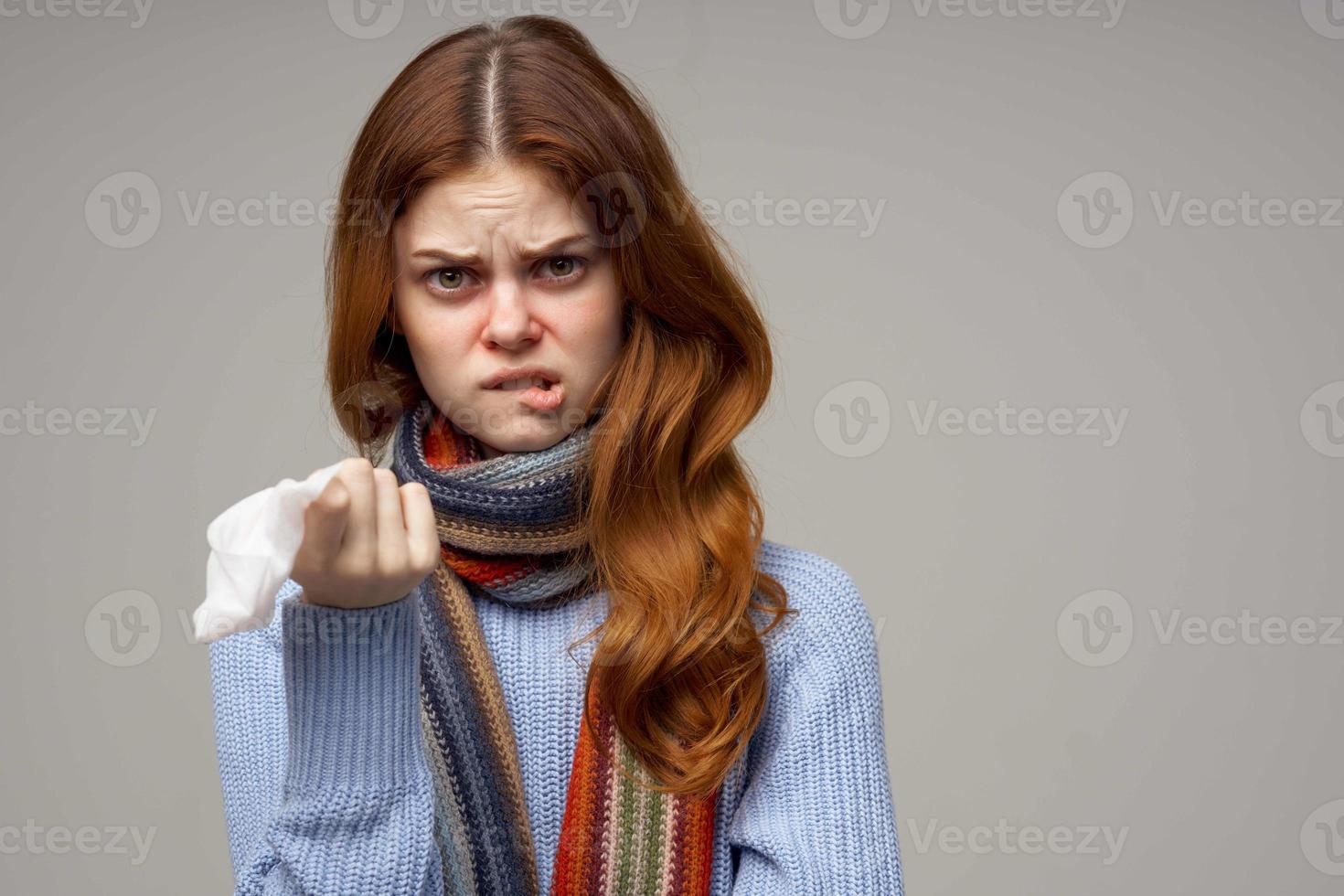 sick woman flu infection virus health care light background photo