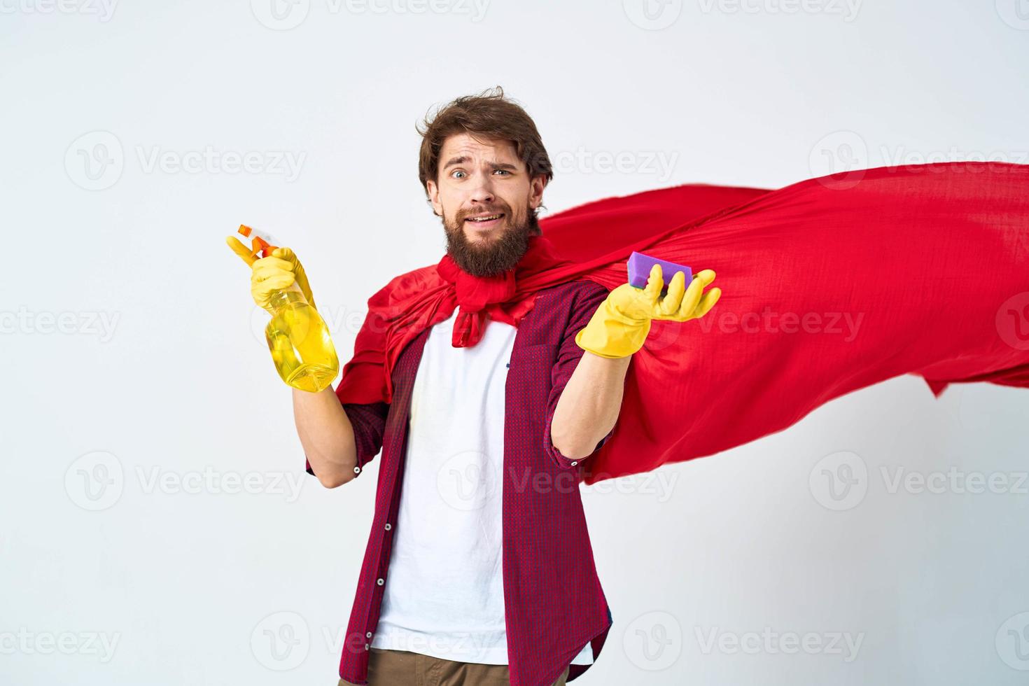 man red raincoat professional homework hygiene gloves photo