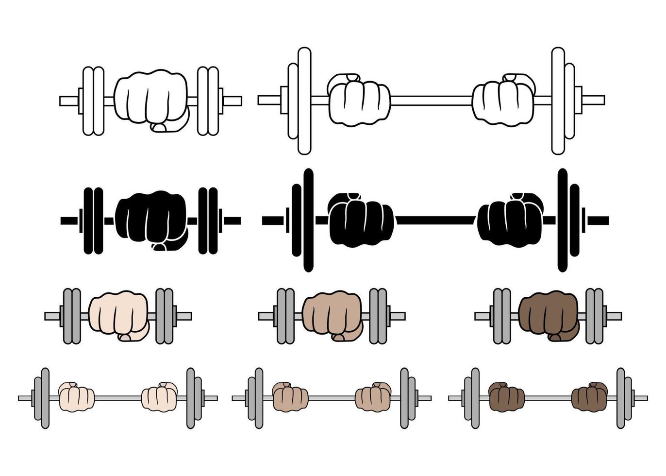 Vector of hand holding dumbbell. Fitness workout. Barbell and strong hand fist. Powerlifting. icons