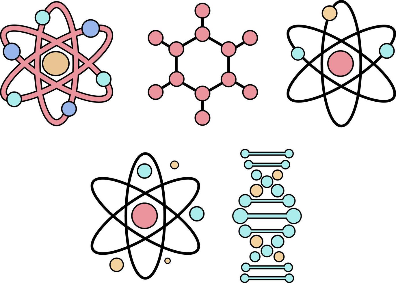 Molecule and atom icon set, cartoon style. science graphic for school. minimalist illustration vector
