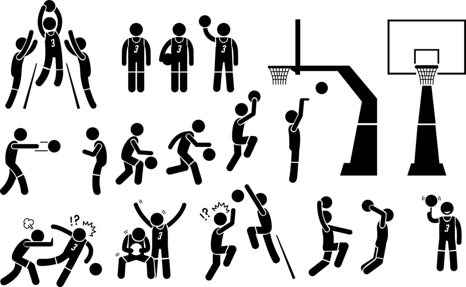 set of basketball players. player poses. stickman going to score illustration vector