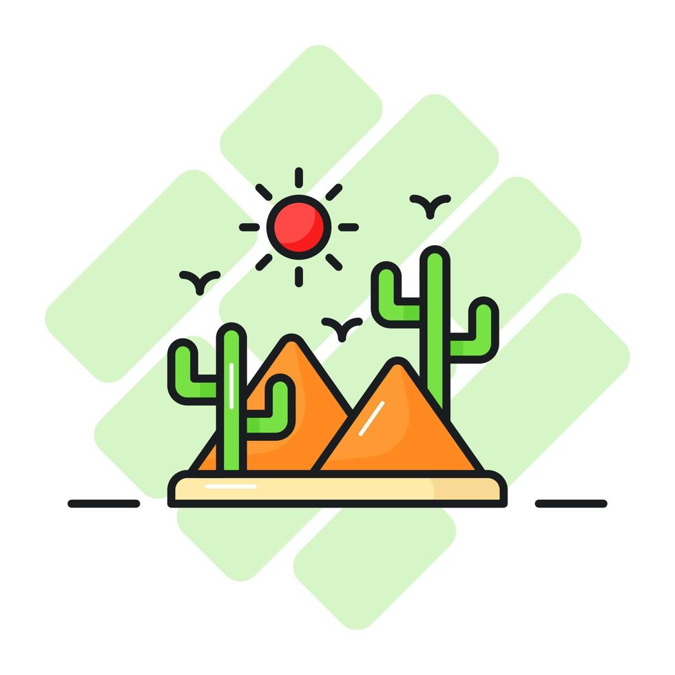 Cactus with sand pile and sun showing icon of desert in modern style vector