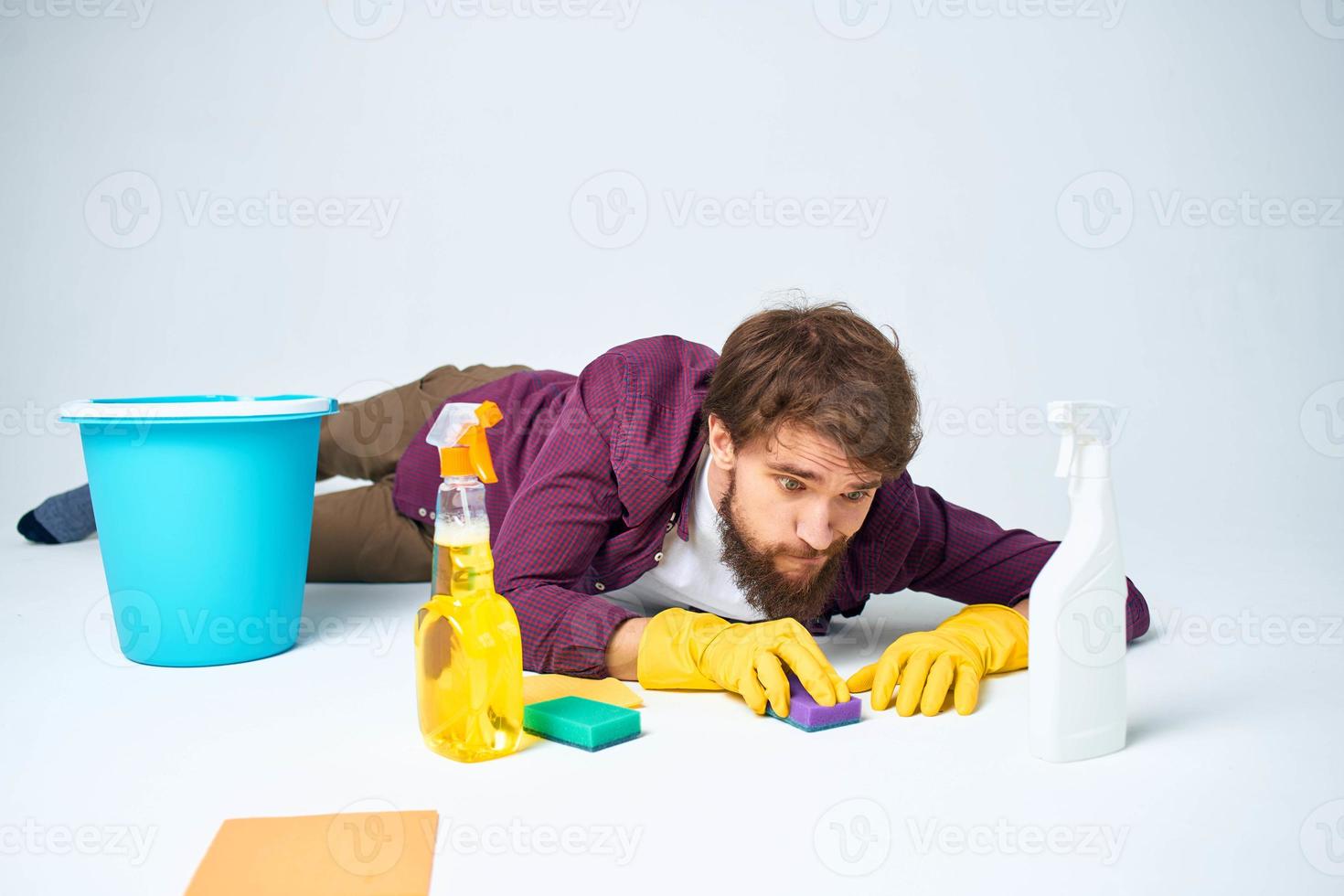 Cheerful cleaner washing detergent hygiene service professional photo