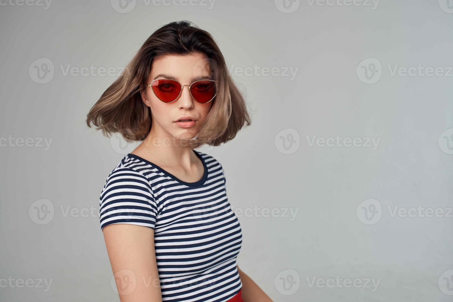 woman in a striped T-shirt cropped view glamor photo