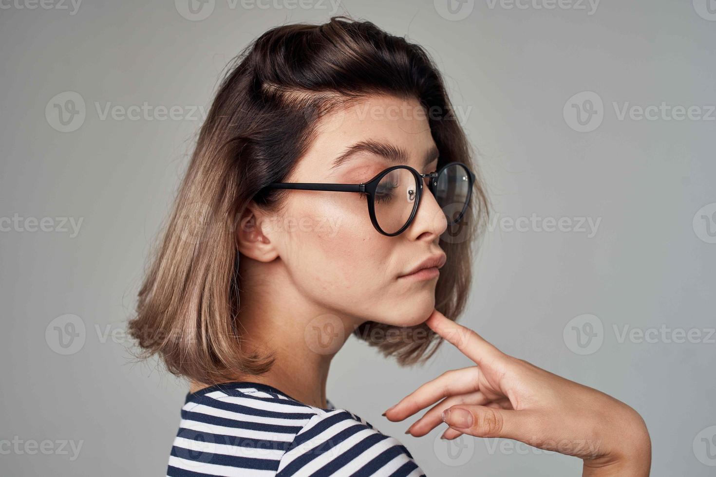 beautiful woman in a striped T-shirt cropped view glamor photo