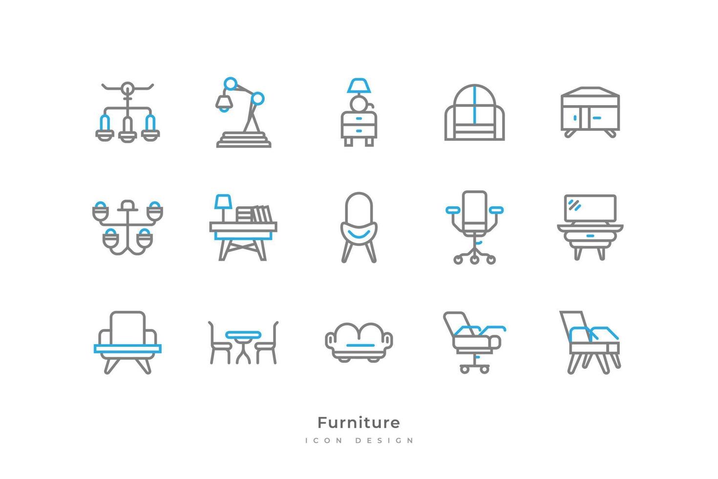 Set of Furniture Icons with Simple and Minimalist Line Style. Home Interior Elements, Contains Study Lamp, Window, Workbench, Office Chair, Sofa, and More vector