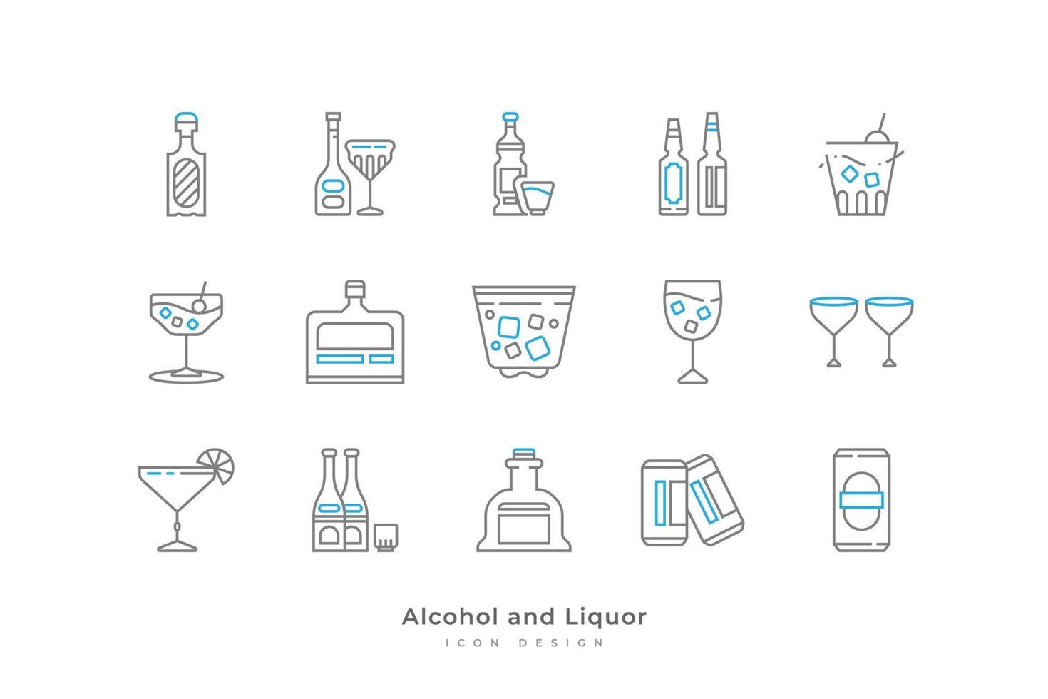 Alcohol and Liquor Icon Set with Simple Line Style. Contains Canned Beer, Champagne, Cocktails, Whiskey and More vector
