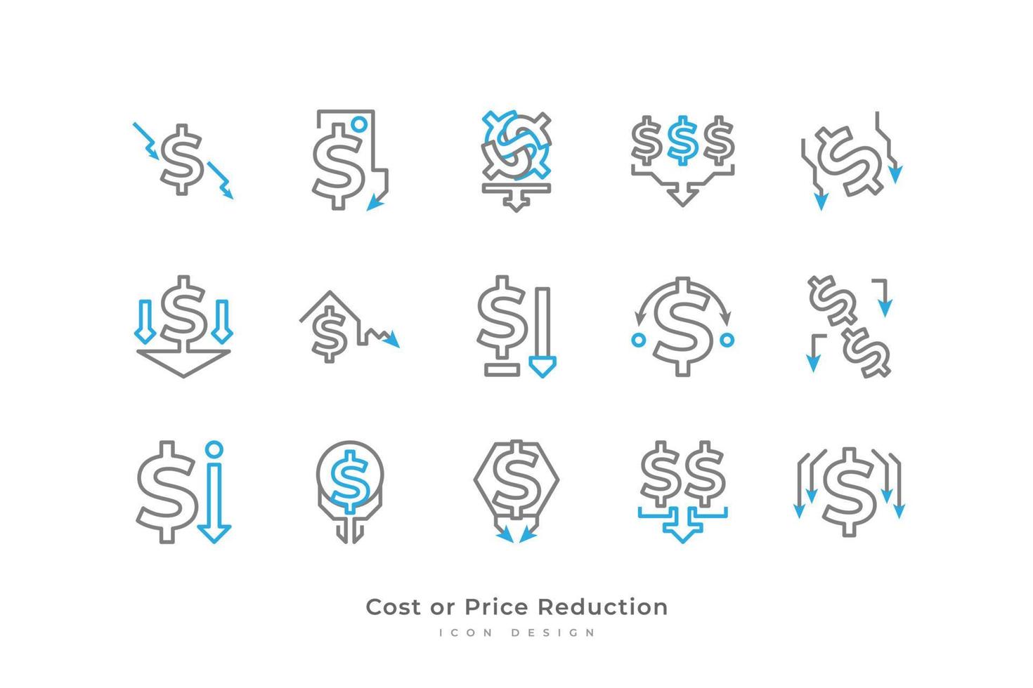 costo o precio reducción icono conjunto con sencillo línea estilo. negocio y financiero ilustración. reducido finanzas. disminución símbolo vector