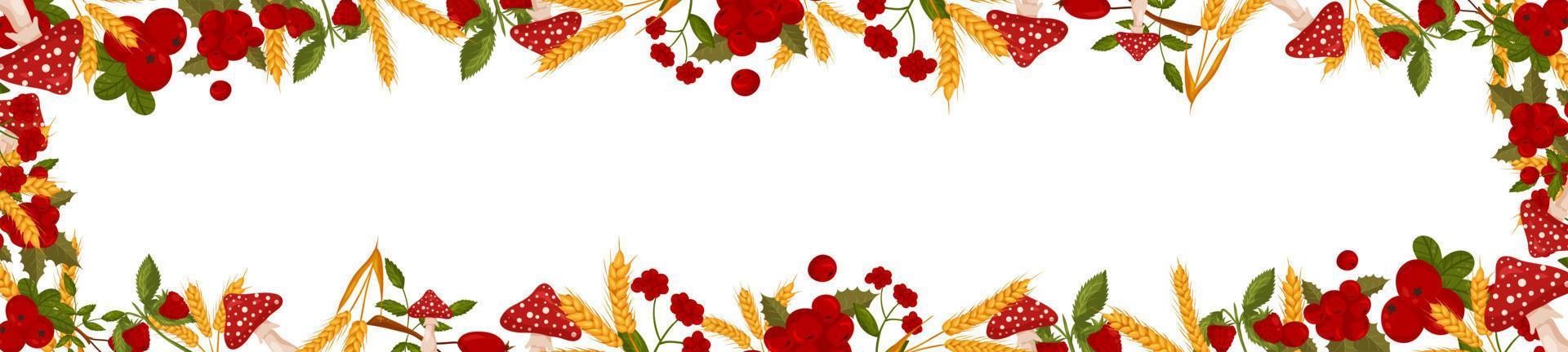 Spring horizontal border with raspberries, cranberries and mushrooms, fly agarics. Summer vector banner