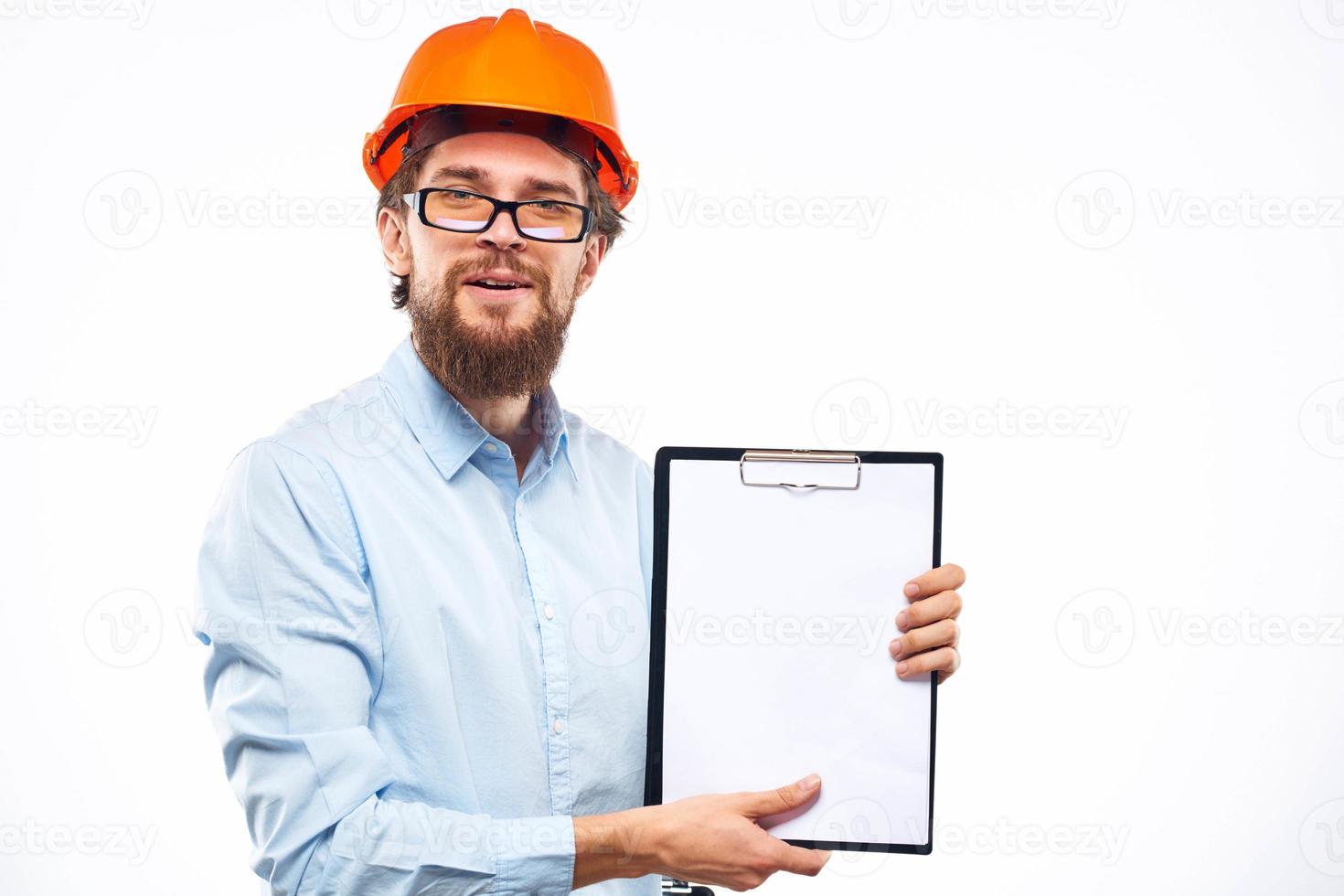 Business man in orange paint security documents providing services photo