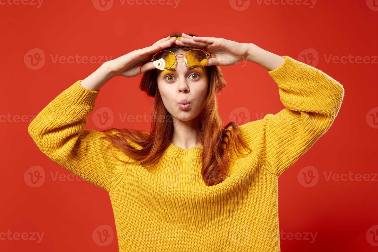 pretty woman in yellow glasses with a bandage on her head close-up fashion photo