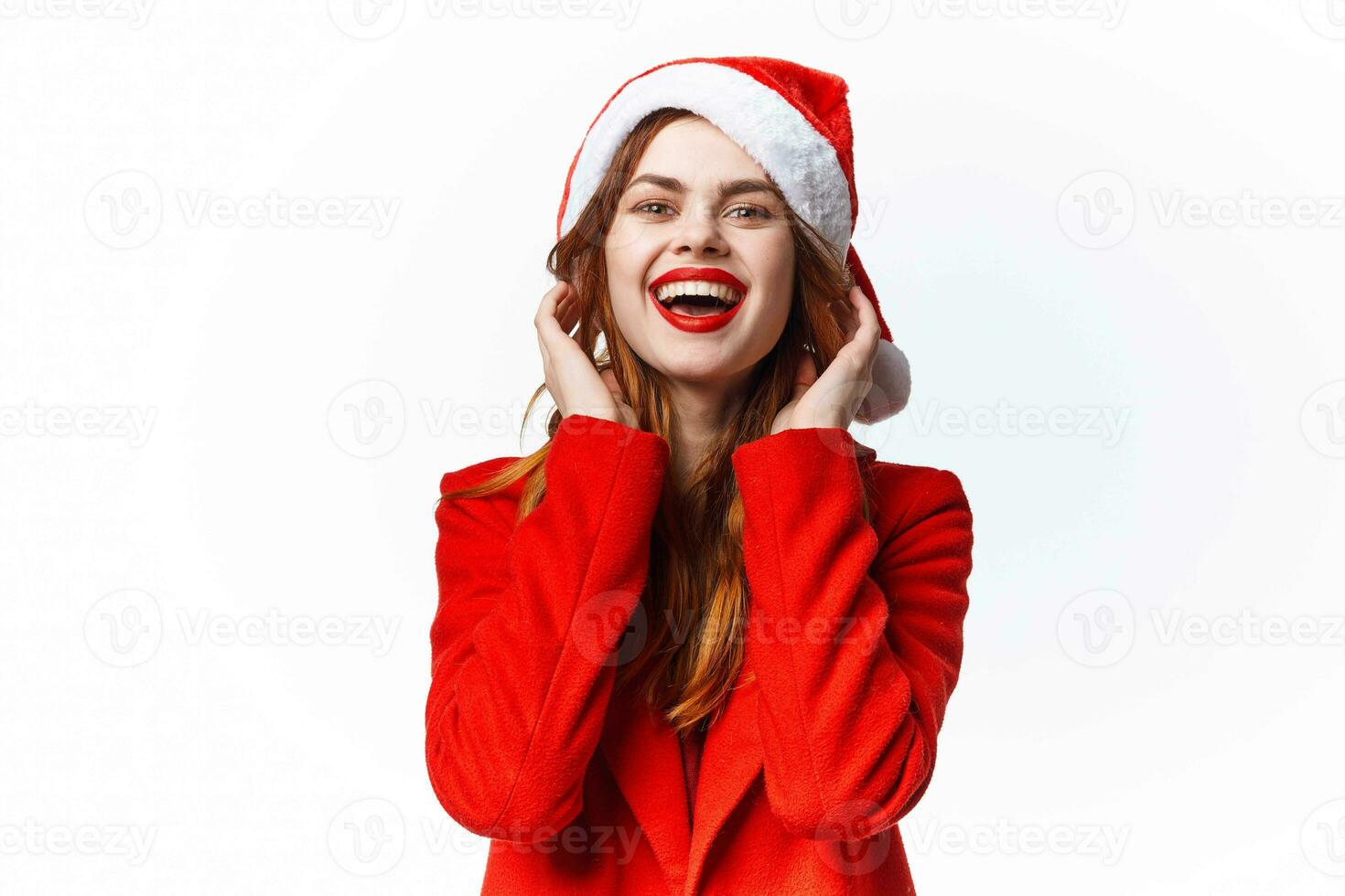 woman wearing santa costume christmas emotion posing fashion photo