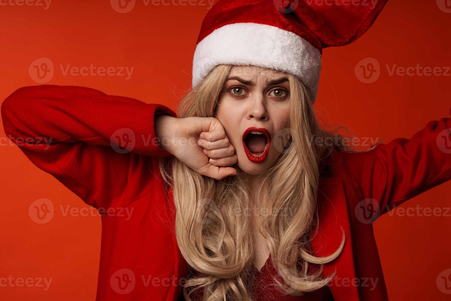 cheerful woman christmas holiday party santa hat photo