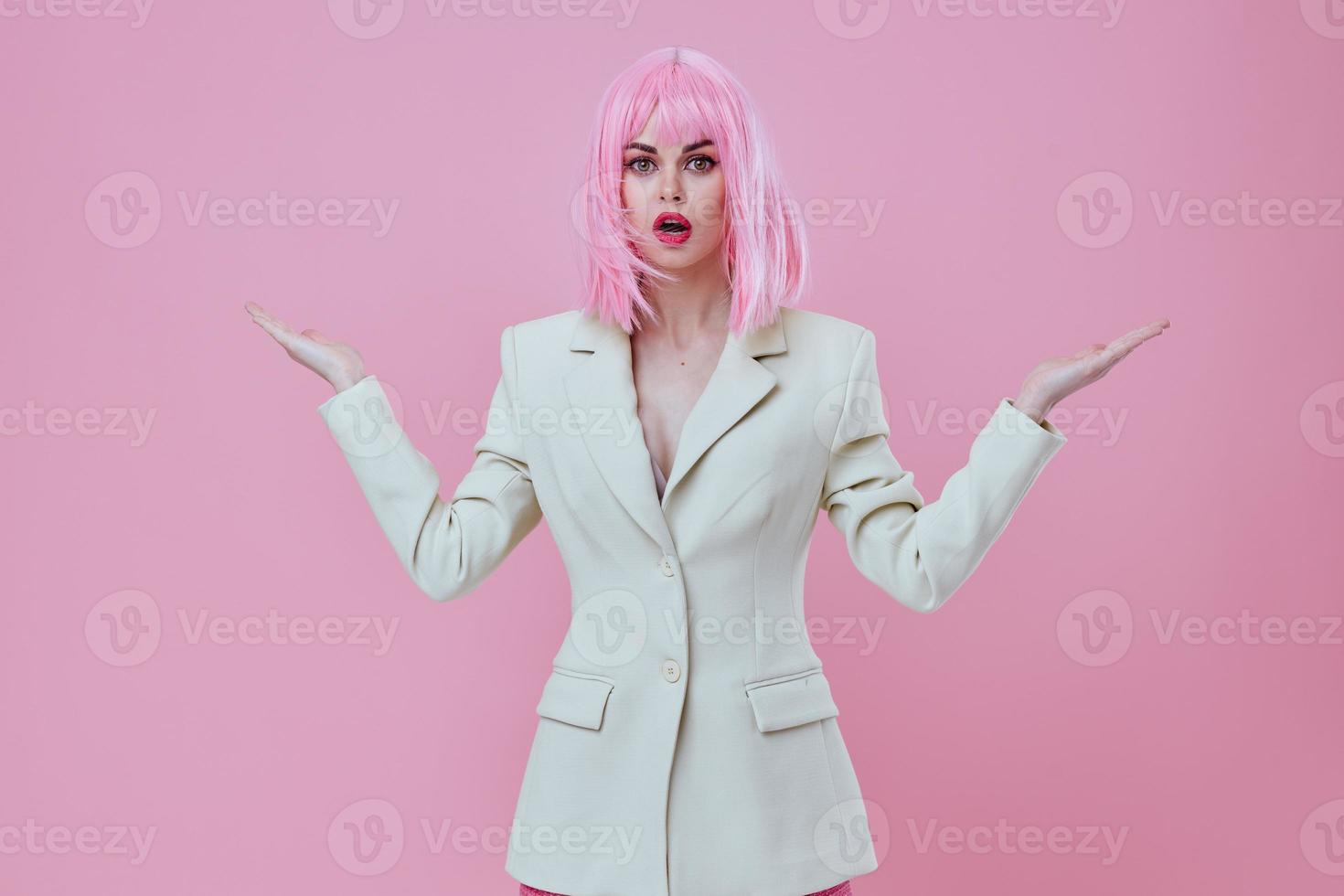 Positive young woman in White blazer pink hair Glamor Cosmetics color background unaltered photo