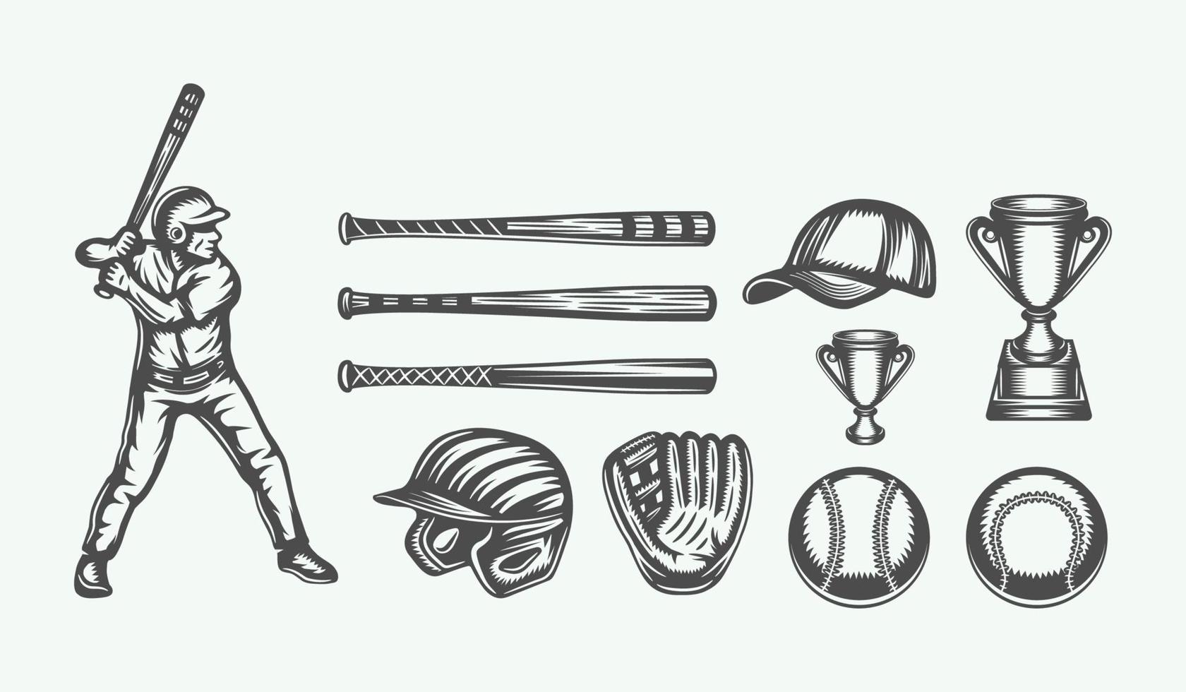 Set of vintage retro baseball elements. Can be used for logos, emblems, badges and other projects. Monochrome graphic Art. Vector Illustration