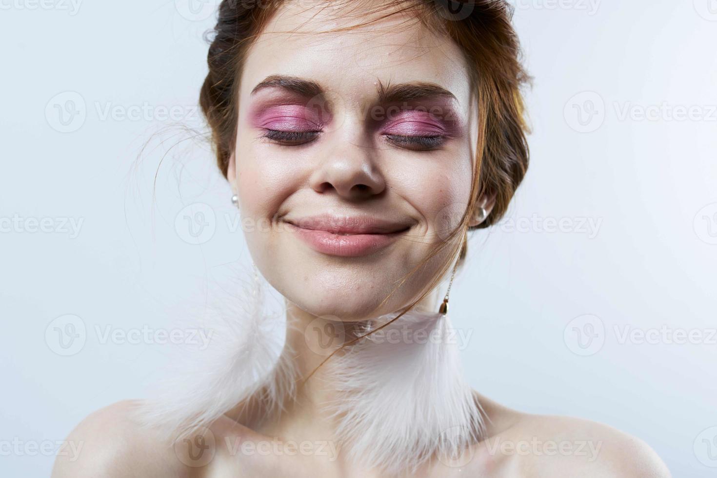 pretty woman fluffy earrings jewelry close-up model photo