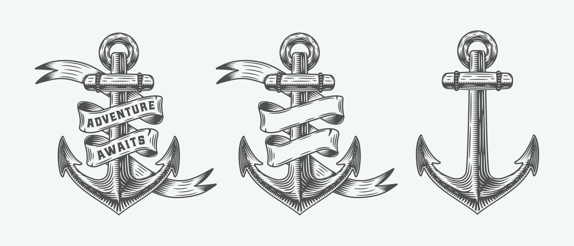 Set of vintage retro anchors in retro style with adventures typography. Monochrome graphic Art. Vector Illustration.