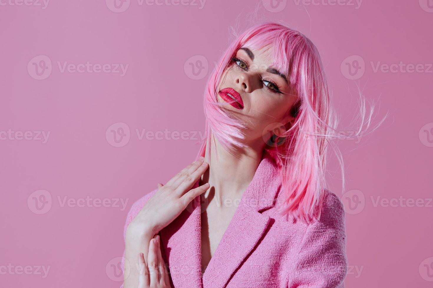 Beauty Fashion woman attractive look pink wig stylish clothes pink background unaltered photo