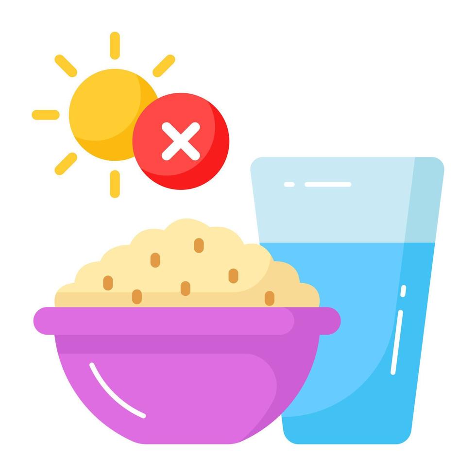 Rice bowl with glass of water and cross sign, icon of ramadan fasting vector