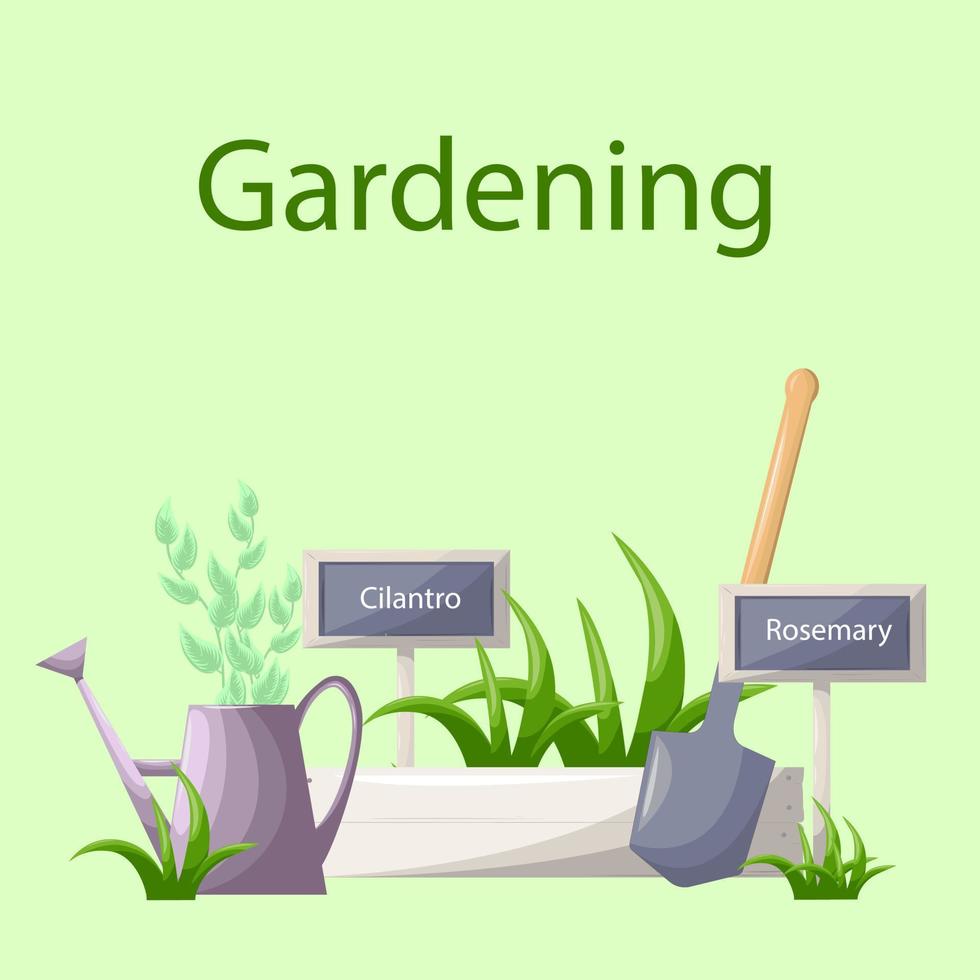 Gardening and farming tools shovel, watering can, signboard. Growing potted plants, seedling. Vector clip art illustration isolated on white background