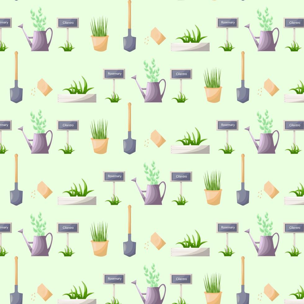 Seamless pattern. Gardening and farming tools shovel, watering can, signboard. Growing potted plants, seedling. Vector clip art illustration isolated on white background