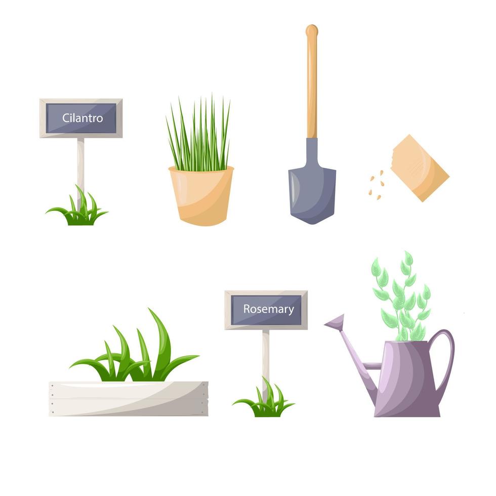 Gardening and farming tools shovel, watering can, signboard. Growing potted plants, seedling. Vector clip art illustration isolated on white background