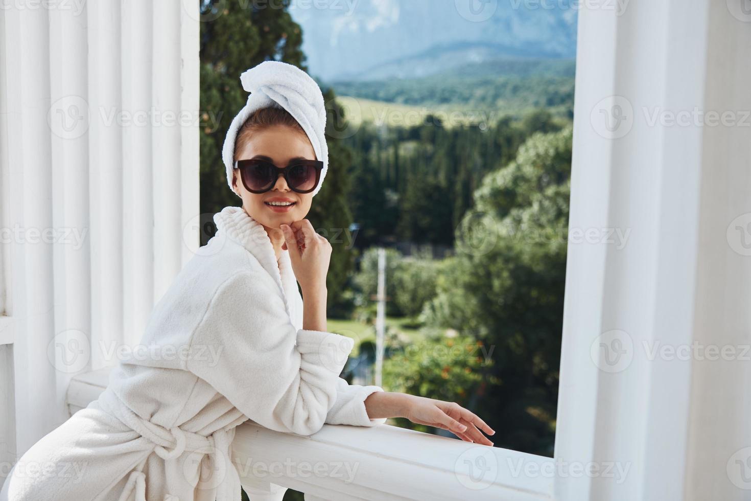 stylish woman good mood morning mountains landscape unaltered photo
