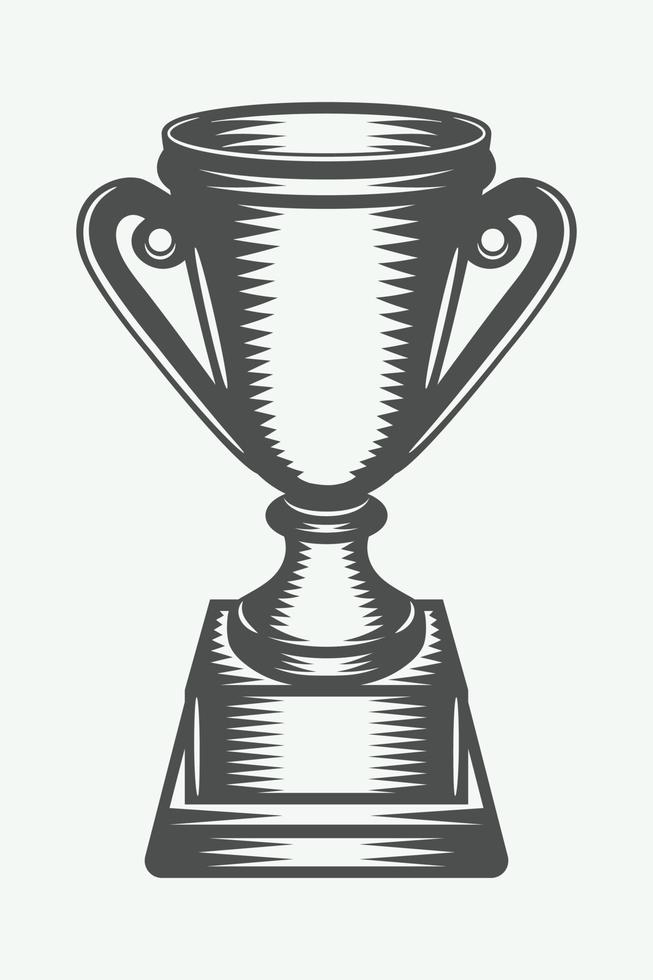 Vintage winner cup. Monochrome Graphic Art. Vector Illustration.