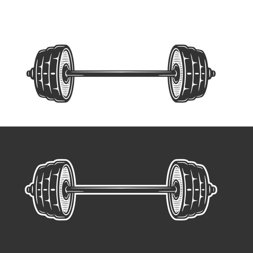 Vintage retro woodcut fitness gym barbell. Can be used like emblem, logo, badge, label. mark, poster or print. Monochrome Graphic Art. Vector Illustration.