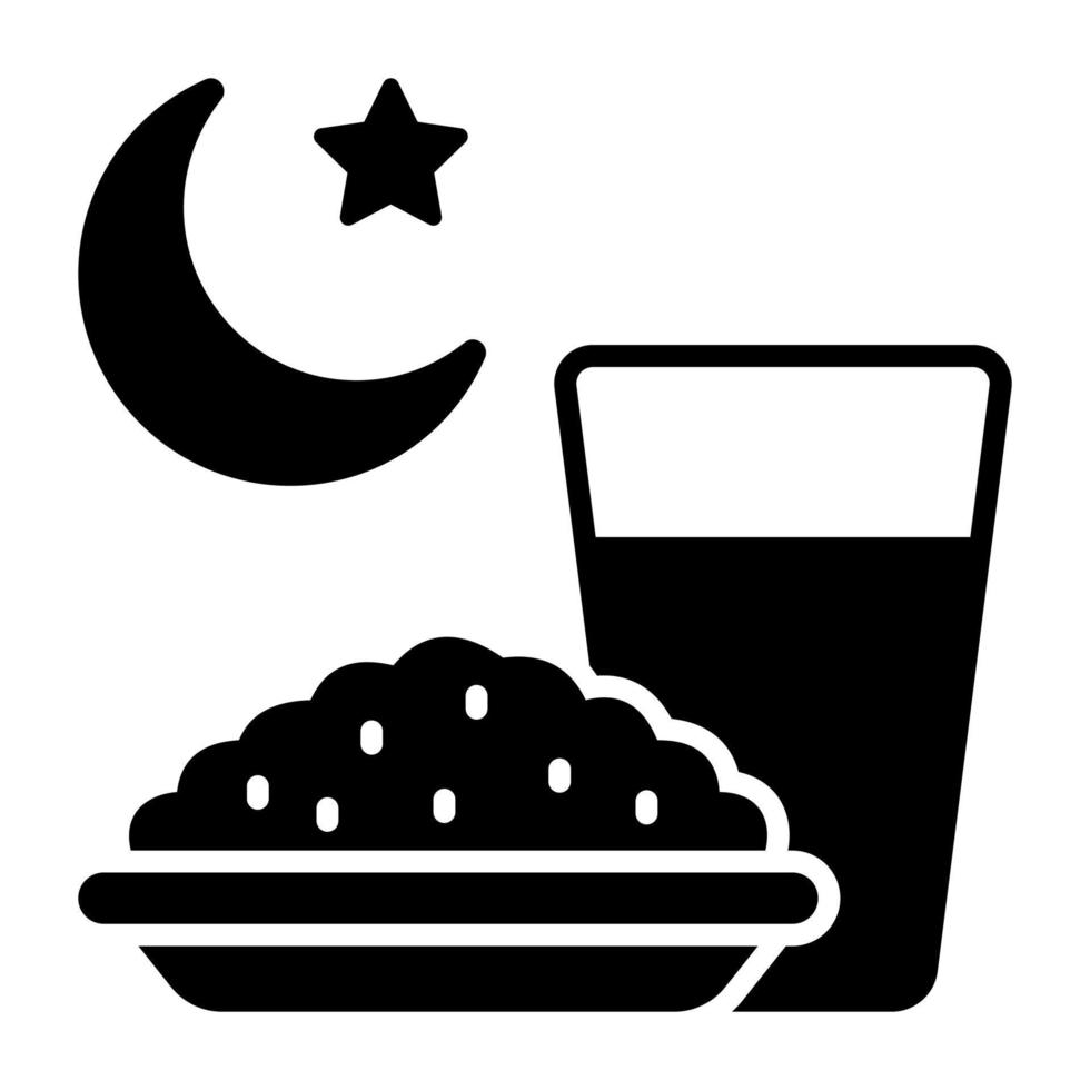 Rice bowl with water glass and crescent moon vector of iftar icon