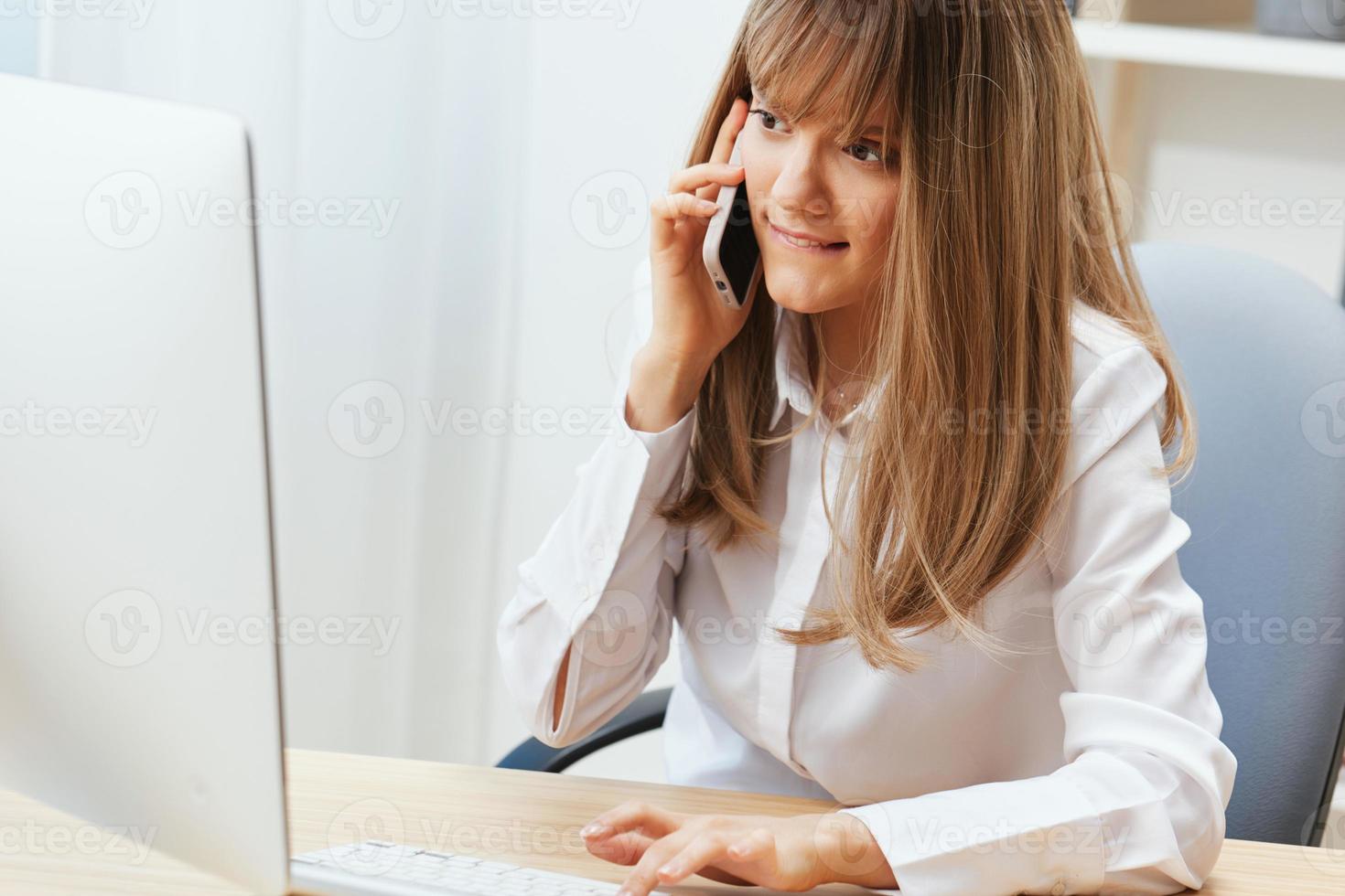 Nervous adorable blonde businesswoman worker freelancer made big mistake talking with client in call in light modern office. Unhappy employee work on computer online in support service. Copy space photo