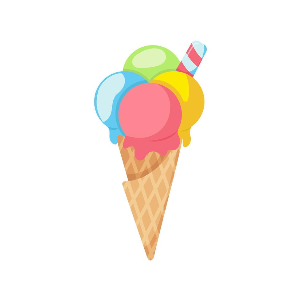 Colorful ice cream balls in waffle cone. Sweet summer refreshing dessert. Strawberry, pistachio, vanilla ice cream, sundae. Frozen treats. Vector illustration