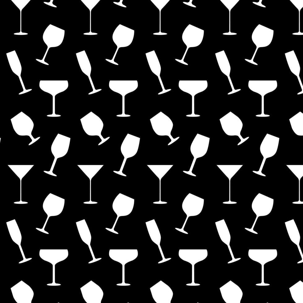 Seamless pattern of glass goblets for wine and drinks. Cup for alcohol drink, champagne, cocktail and liquor. Symbol of restaurant. Isolated on black background. Vector illustration