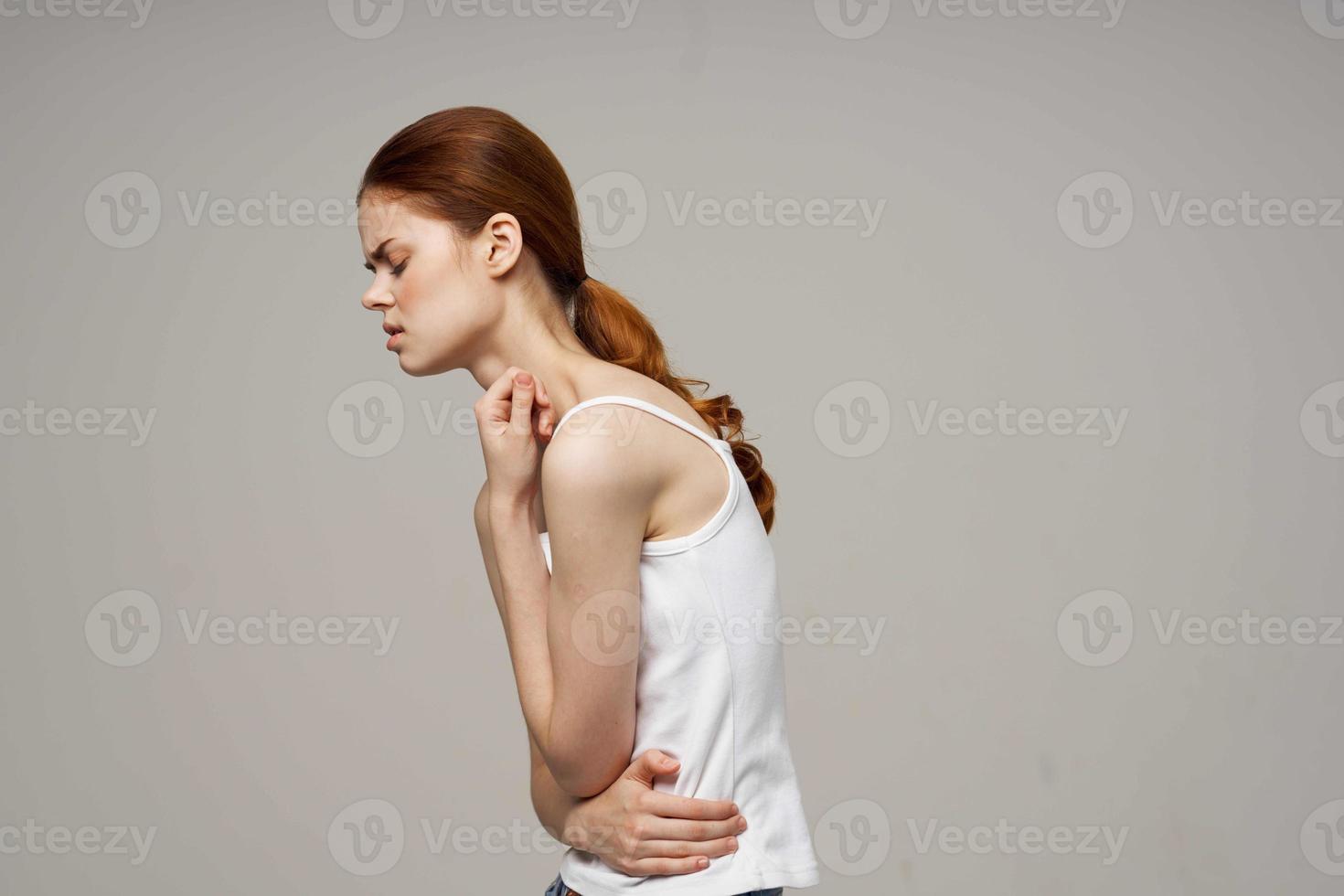 sick woman groin pain intimate illness gynecology isolated background photo