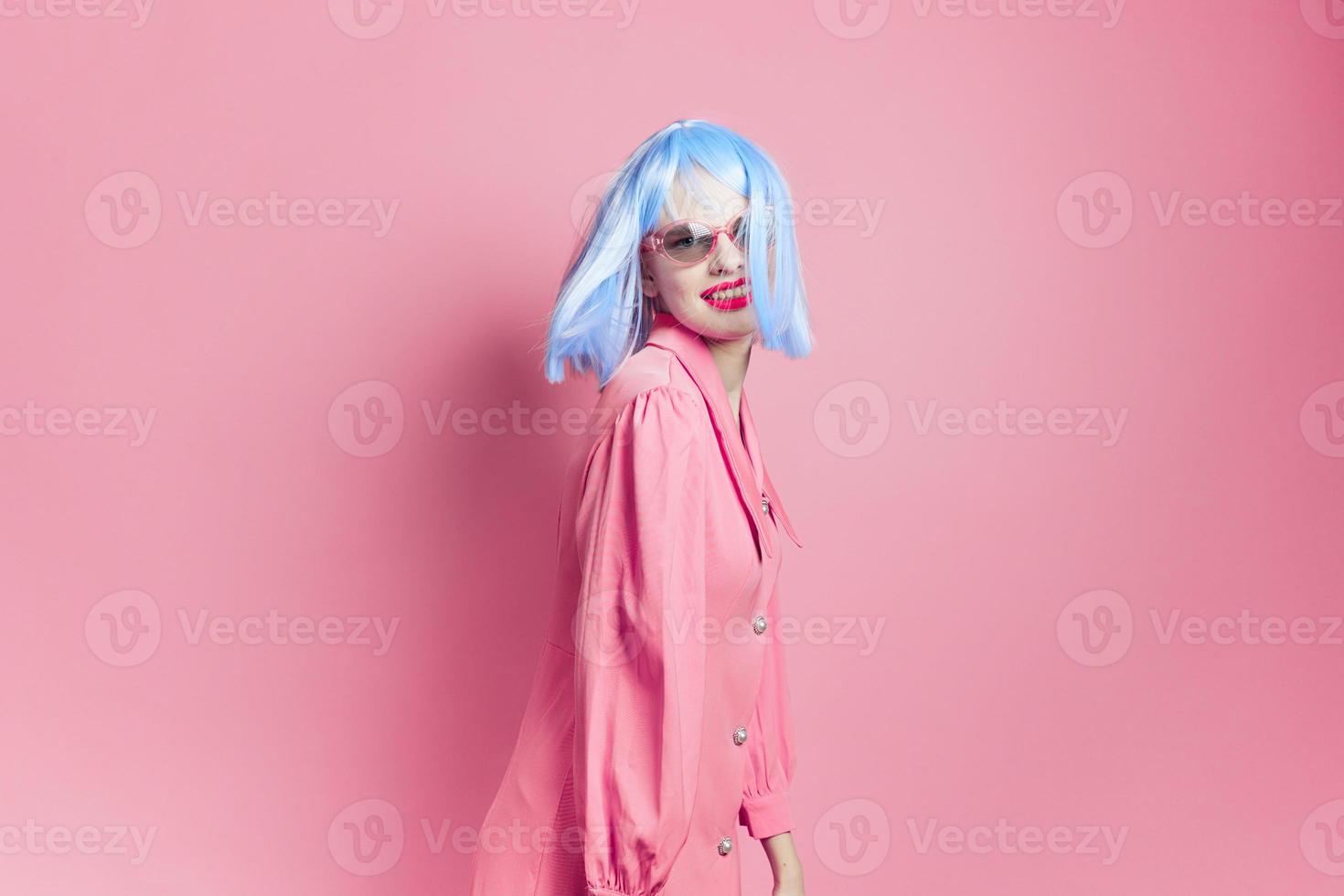 portrait of a woman in sunglasses wears a blue wig makeup Lifestyle posing photo