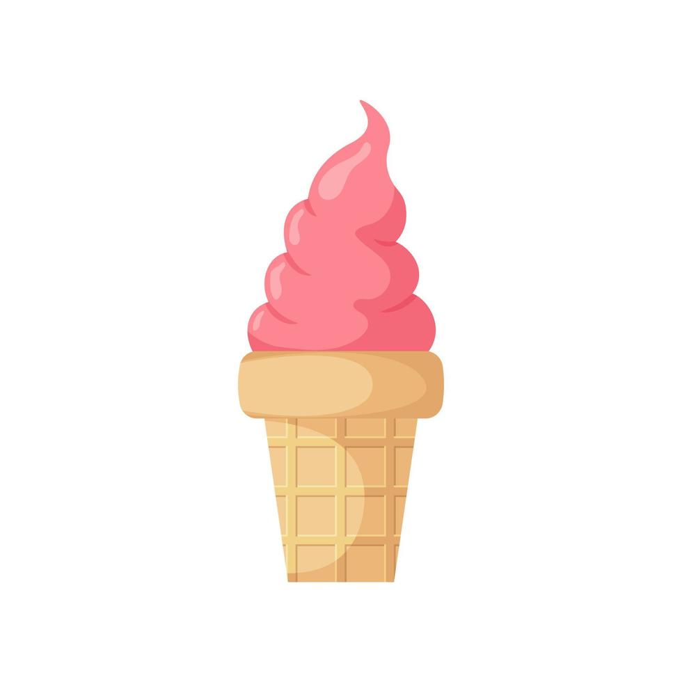 Pink soft ice cream in a waffle cup. Sweet summer refreshing dessert. Strawberry sundae. Frozen treats. Street food. Vector illustration