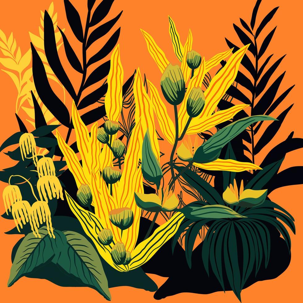 Tropical leaves and blossom flowers on an orange background vector