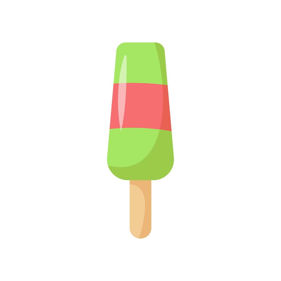 Green fruit ice on a stick. Colorful ice cream. Sweet summer refreshing dessert. Frozen treats. Street food. Vector illustration