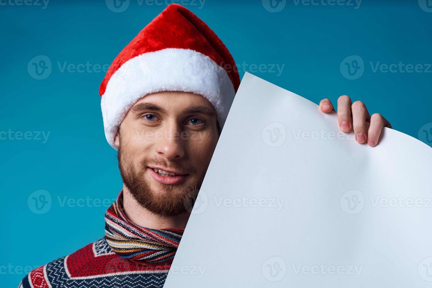 Cheerful man in a christmas white mockup Poster studio posing photo