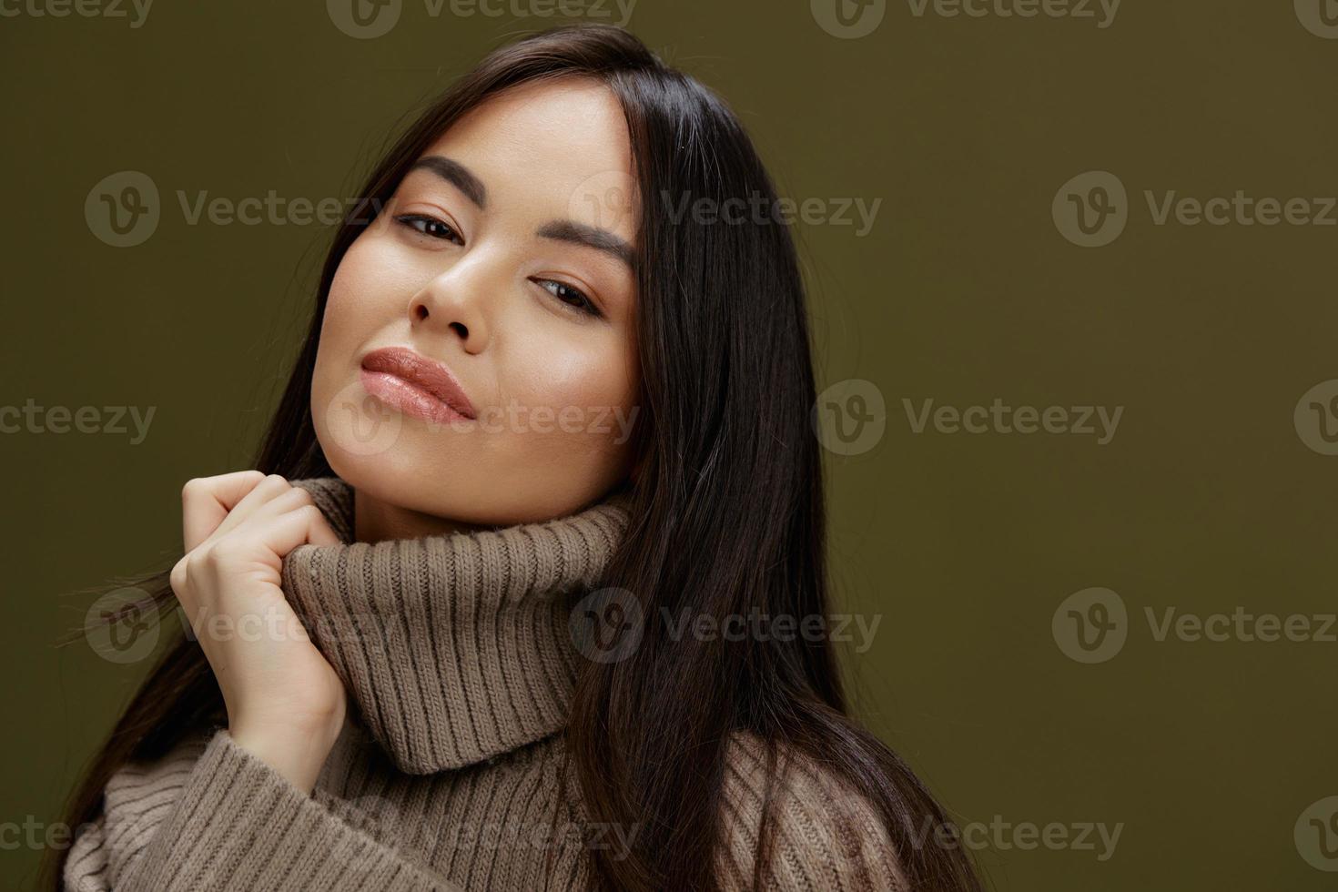 pretty woman in winter sweater fashion cosmetics clothes studio model photo