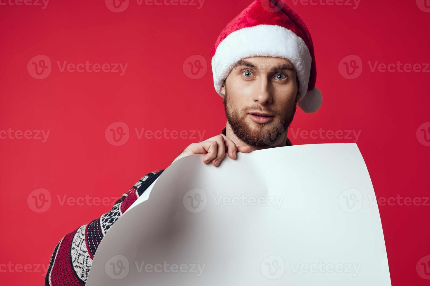 emotional man in a christmas white mockup poster isolated background photo
