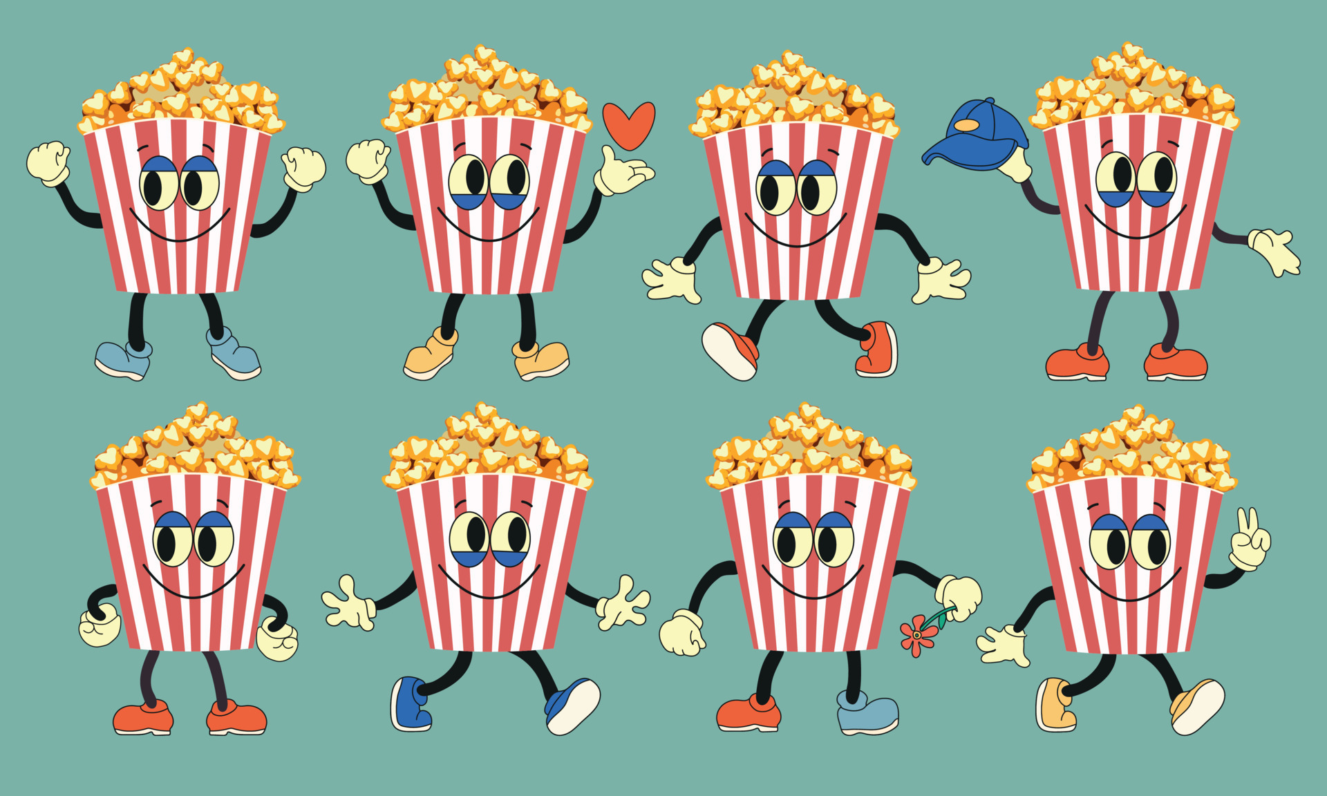 Set of cartoon funny popcorn characters. Vector striped, paper bucket