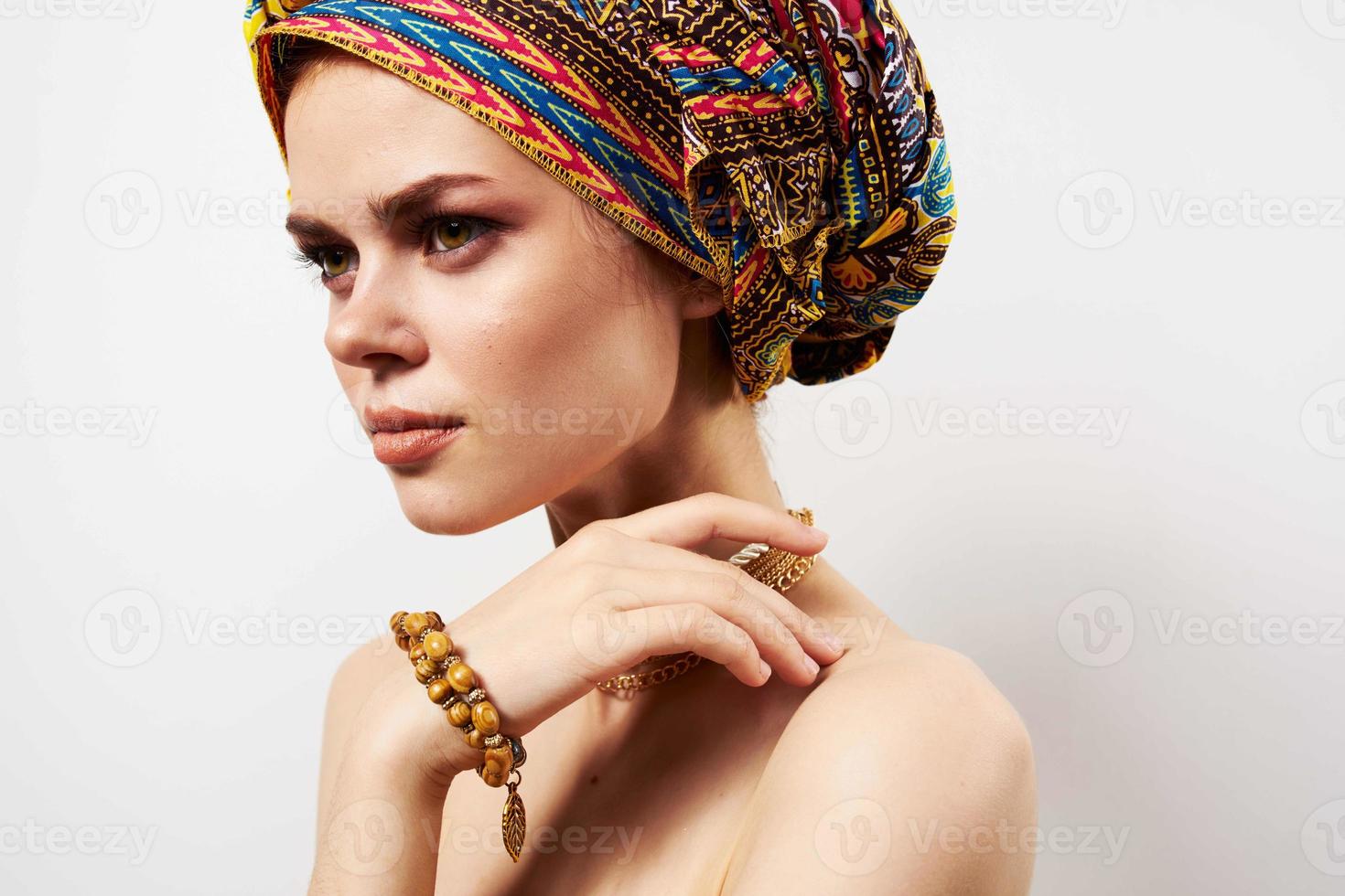 joyful woman multicolored turbans home decoration fashion photo