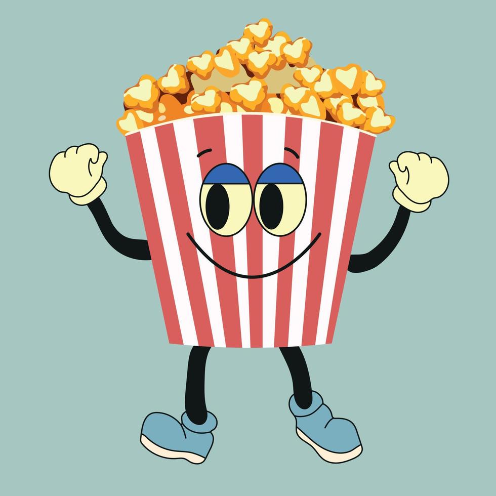 Cartoon funny popcorn character. Vector popcorn bucket with cute smiling face, arms, legs. Fast food for cinema, funny character with positive emotions.