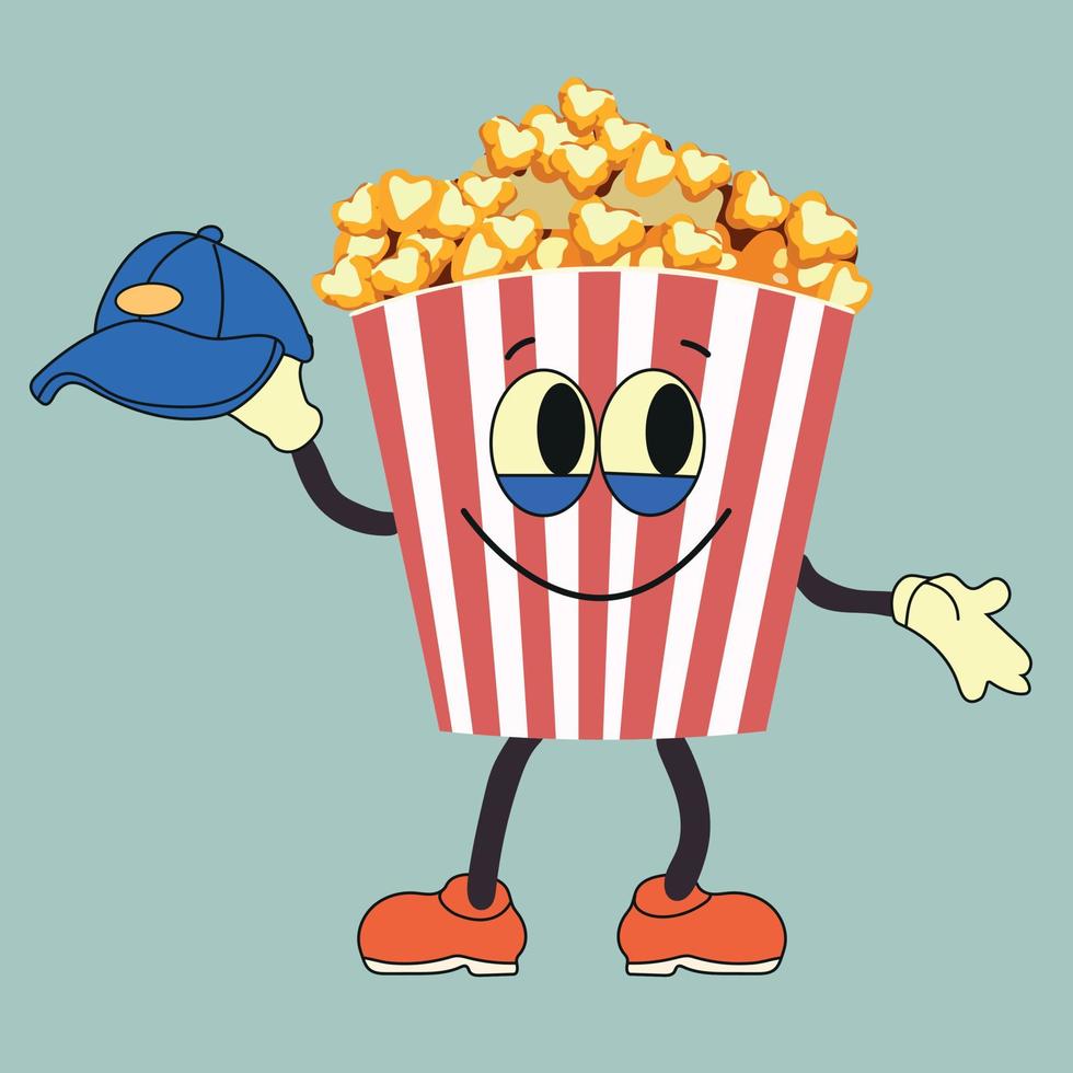 Cartoon funny popcorn character with cap. Vector bucket of popcorn with a cute smiley face. Fast food for cinema, funny character with positive emotions.