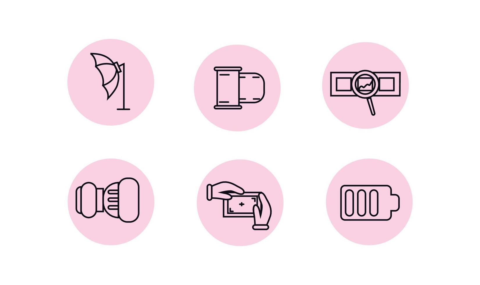 Icons photographer. Photographer equipment icons set on a pink background. Softbox umbrella, film, film with a magnifying glass, lens, focus, battery with a charge level vector