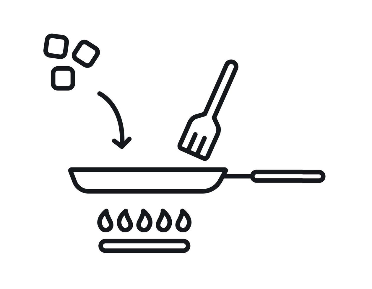 Add the sugar to the pan. Frying pan on a gas stove. Vector illustration. Line style icon