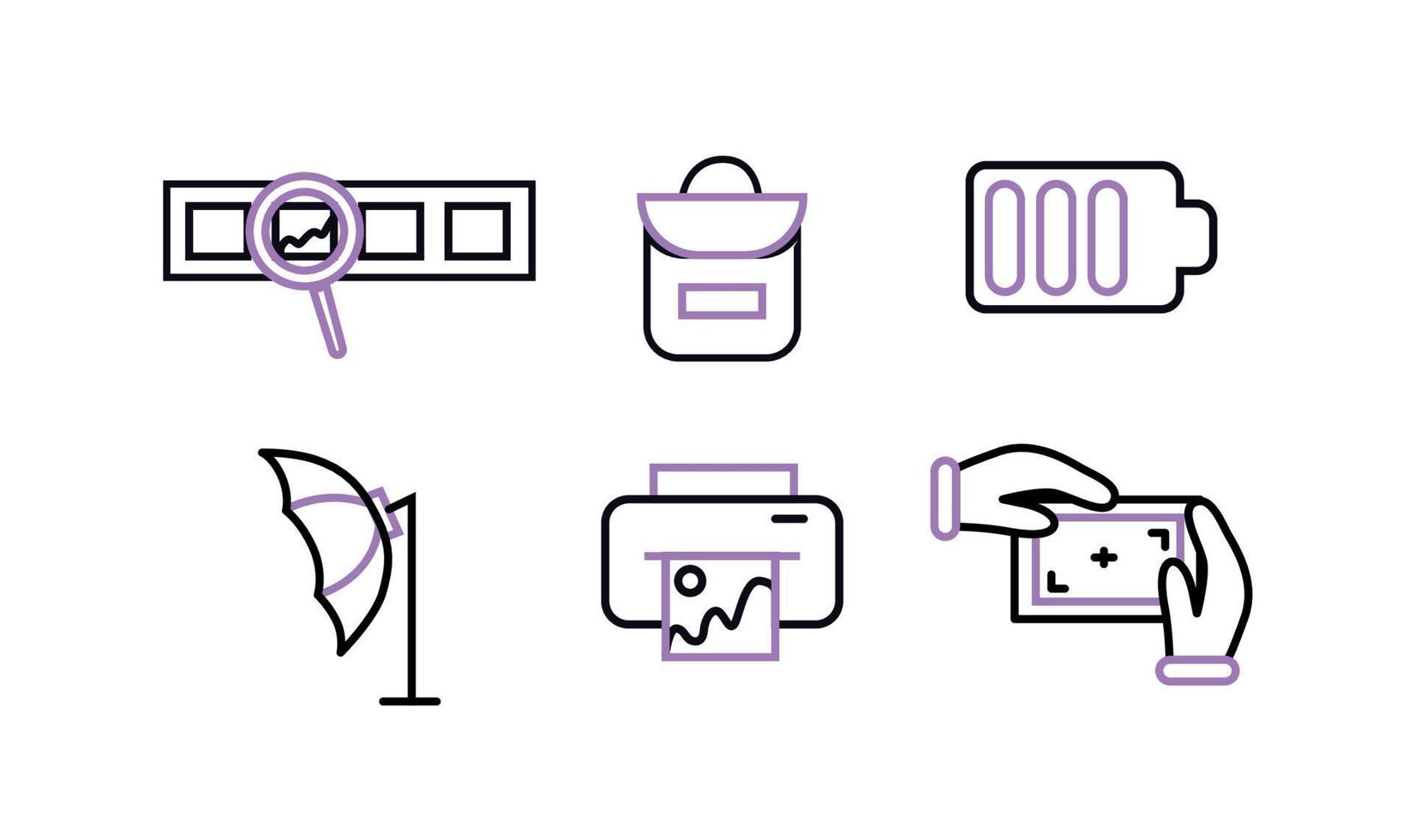 Icons photographer. Photographer equipment icons set with purple color. Photographic film with a magnifying glass, camera bag, battery charge, umbrella softbox, printer, focus vector