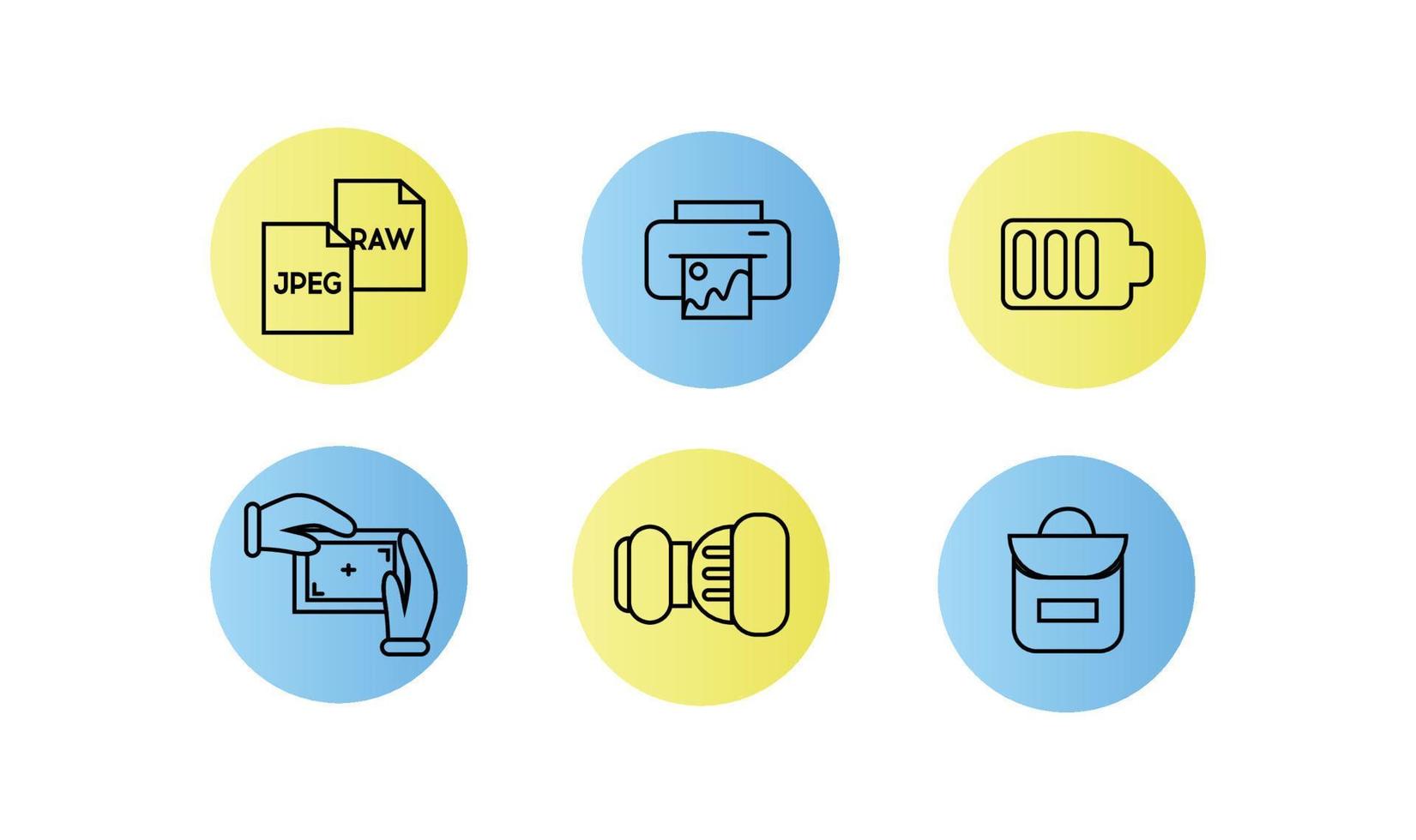 Icons photographer. Photographer equipment icons set colored. Photo paper, printer, battery, focus, lens, camera bag vector