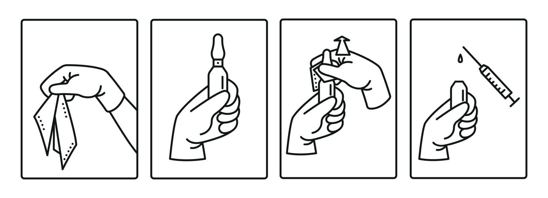 Instructions on how to open the ampoule. Vector illustration.